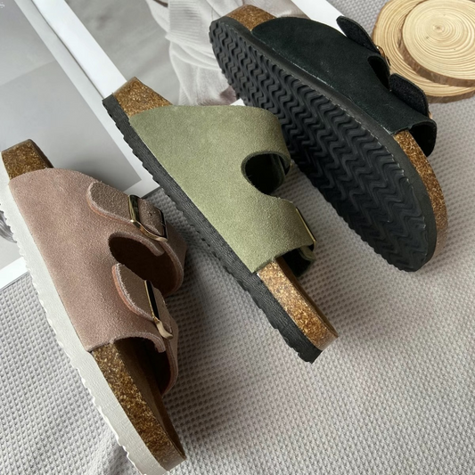 Shoes: Flat Sandals with Cork Footbed